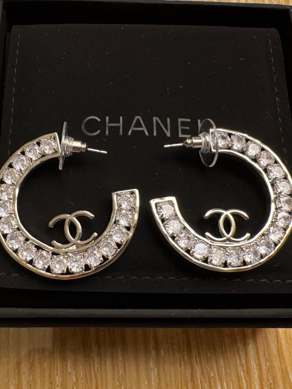 Super Rare Limited Edition Classic Chanel CC Logo Crystal Hoop Earrings